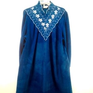 Vintage Vanity Fair Velour Blue Floral Half Zipper House Coat Pajama Moo Moo L